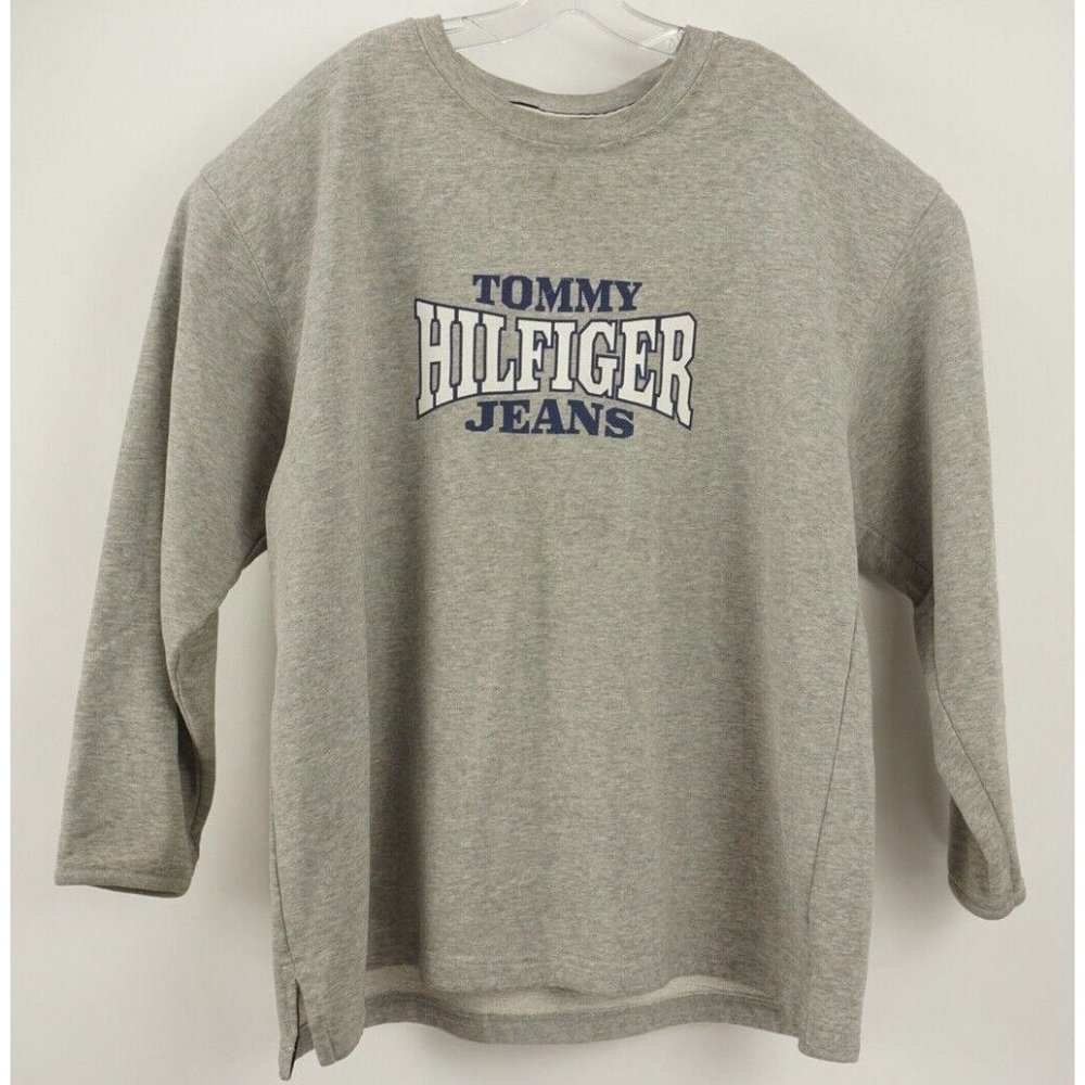 Vintage Tommy Hilfiger Jeans USA Men's Large Big Logo Gray Crew Sweatshirt